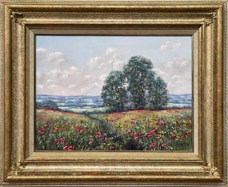 Floral Vintage Oil Painting of Wild Red Poppies in Field in English Countryside