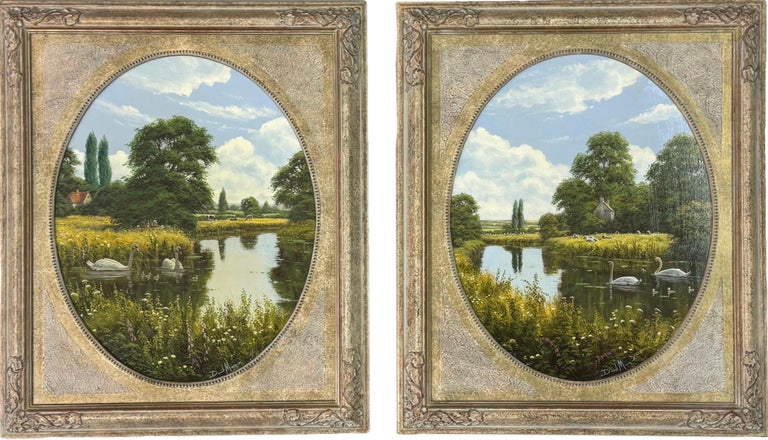 Pair - Ornately framed Oval English River Flower Scenes with Swans, Cows, Sheep