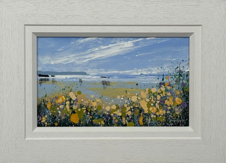 Figures on the Beach Landscape with Wild Yellow Flowers in English Countryside