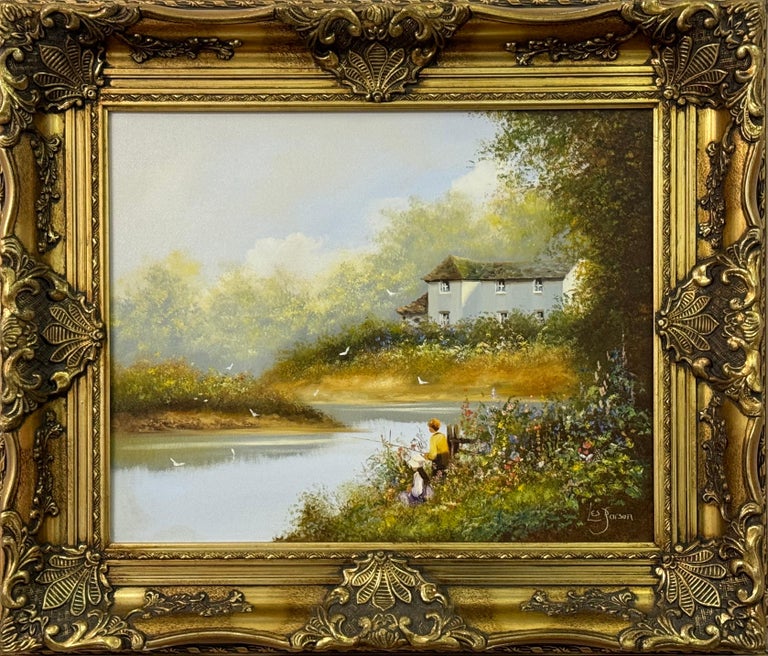 Children Fishing by a River with Wild Flowers & Farmhouse in English Countryside
