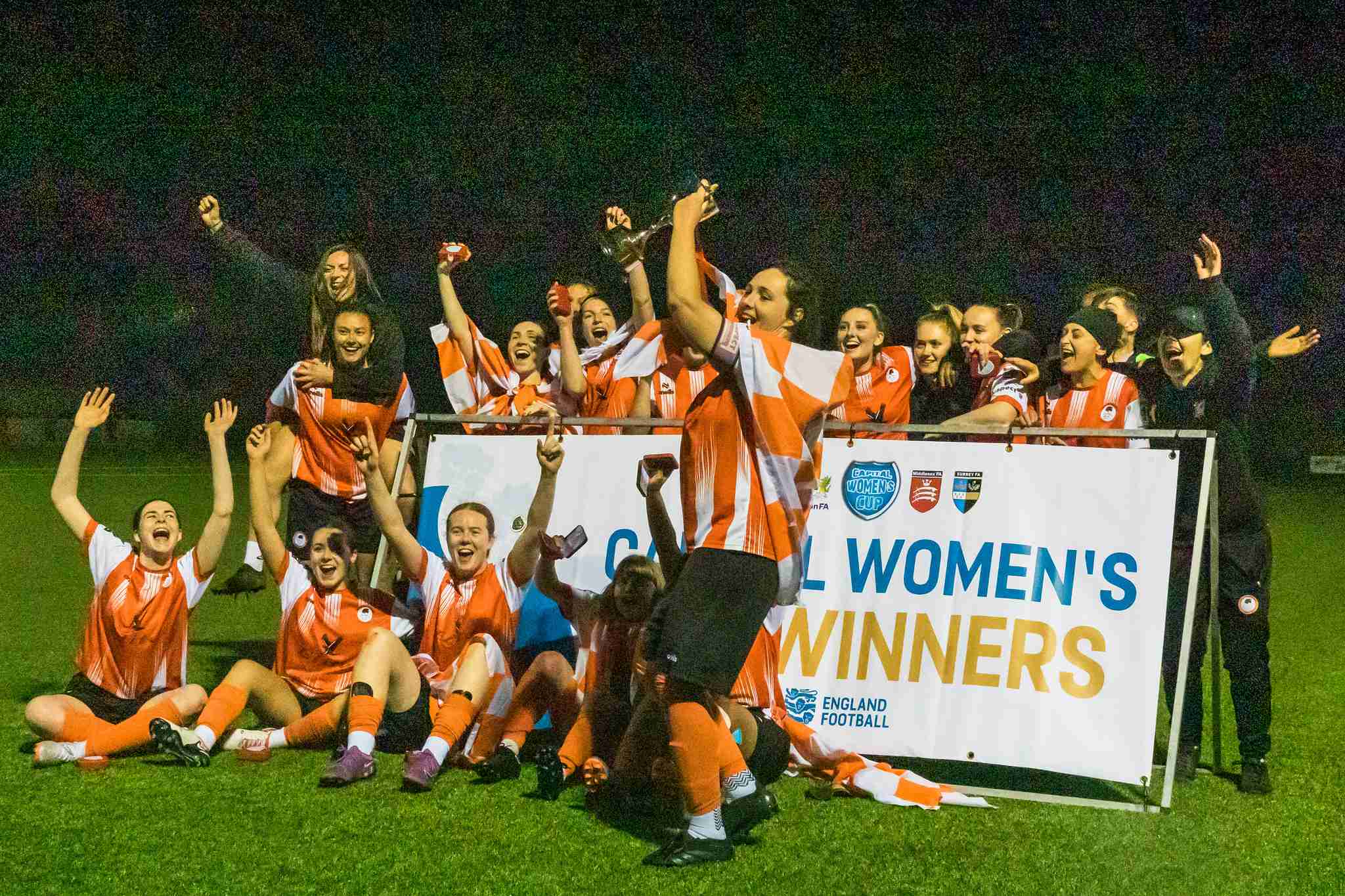 Ashford Town (Middlesex) Women celebrate winning the 2024 Capital Women's Senior Cup Final