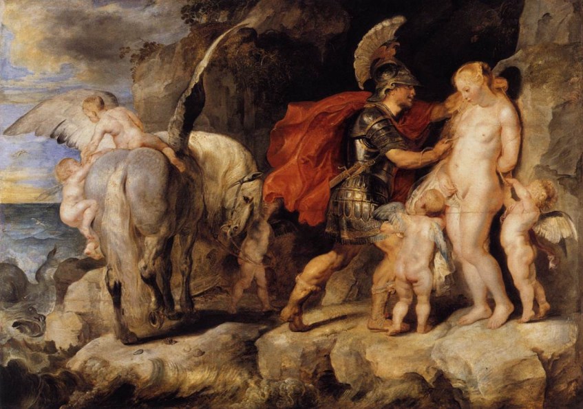 Perseu liberta Andrómeda das correntes depois de eliminar o monstro Cetus. Peter Paul Rubens, circa 1620.