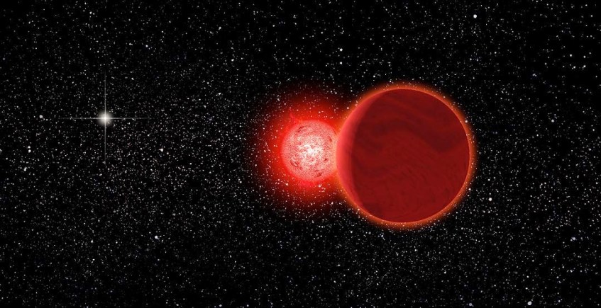 Ilustração com a estrela de Scholz e a sua companheira. O Sol está ao fundo. Crédito: Michael Osaciw/University of Rochester