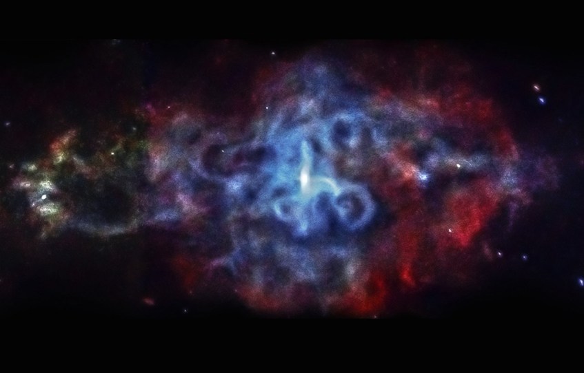 Remanescente da supernova de 1181, na constelação de Cassiopeia. Notem a estrela de neutrões no centro e o jacto de partículas que dela emana.Crédito: NASA.