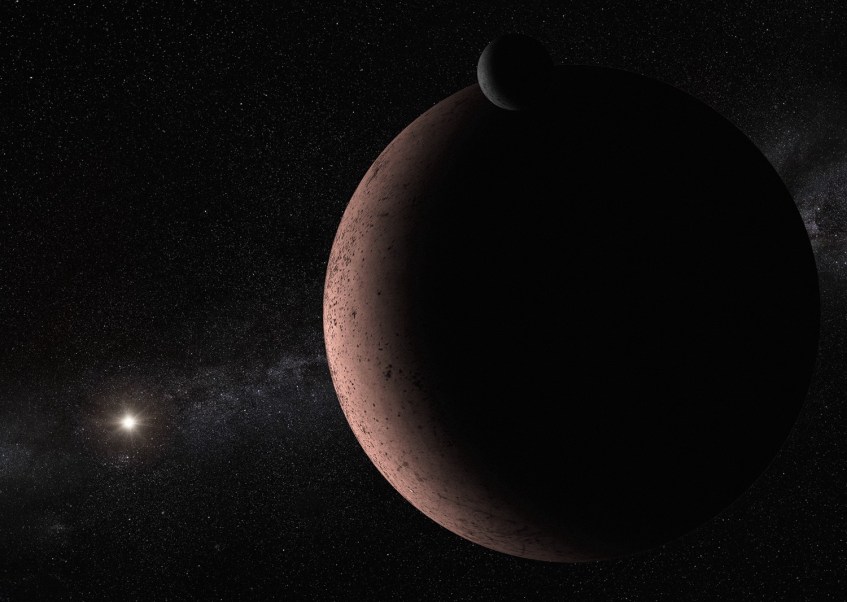O planeta anão Makemake e a sua nova lua escura (ilustração artística). Crédito: NASA, ESA, and A. Parker (Southwest Research Institute).