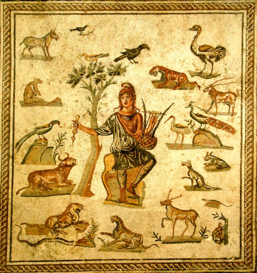 Orfeu com a sua lira, rodeado de animais. Mosaico romano exposto no Museo Archeologico Regionale di Palermo. Copyright: Giovanni Dall’Orto.