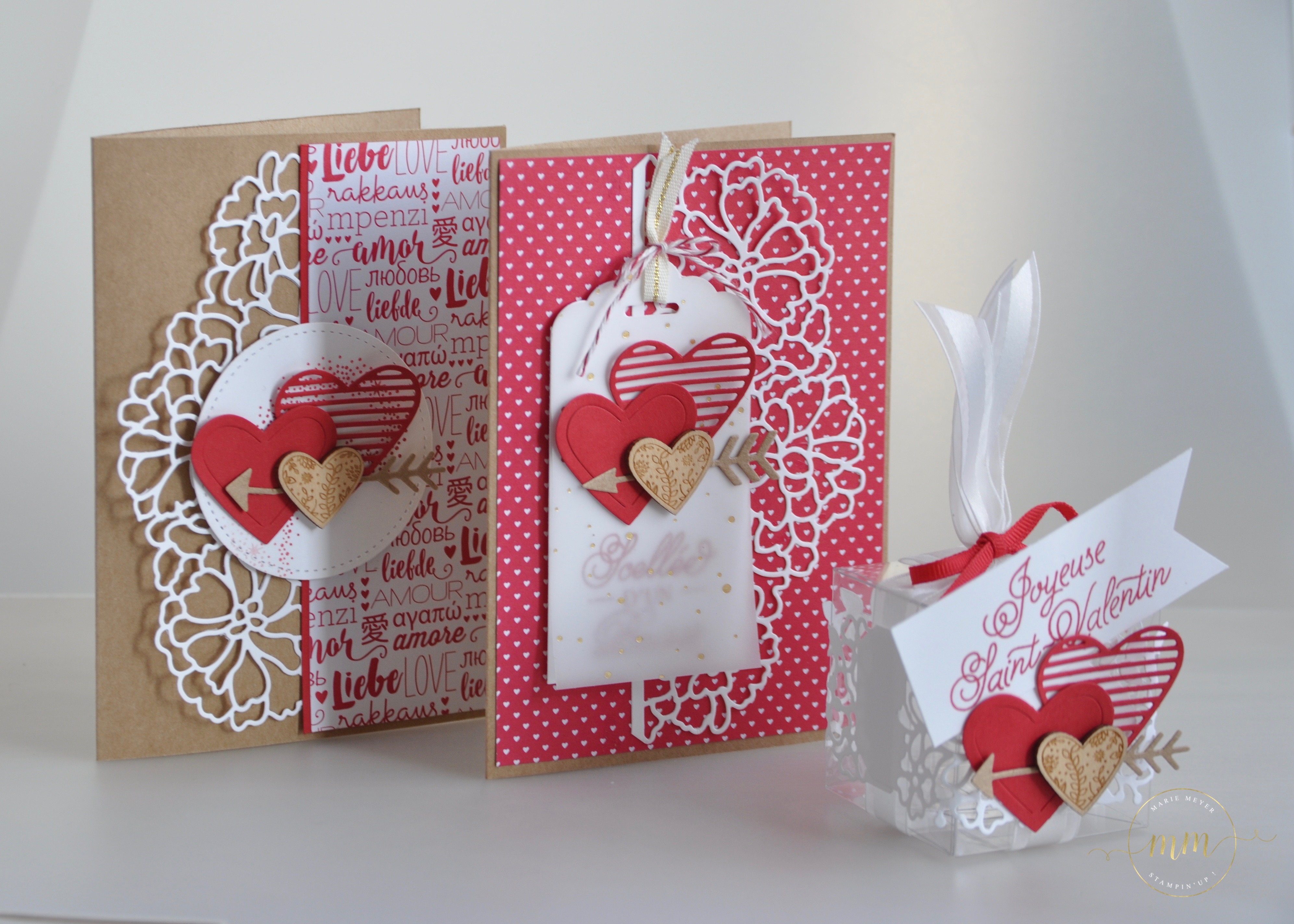 Cartes et boîte pour la Saint Valentin avec le lot de tampons scellée d'un baiser, framelits Mots d'amour, Thinlits En détails et Framelits Forme à coudre par Marie Meyer Stampin up - http://ateliers-scrapbooking.fr/ - Love Notes framelits dies - So detailled Thinlits dies - Stitched Shapes Framelits Dies - Sending Love Designer Series Paper Stack - Sealed With Love Stamp Set - Mit Gruß Und Kuss stemp set- Liebesgrüße Framelits Dies - Thinlits Liebe zum Detail