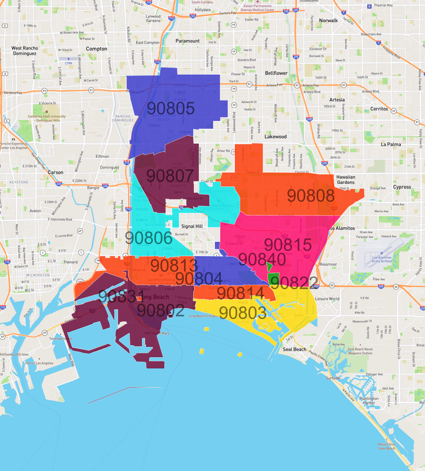 Zip Codes In Long Beach Long Beach Zip Codes Map 