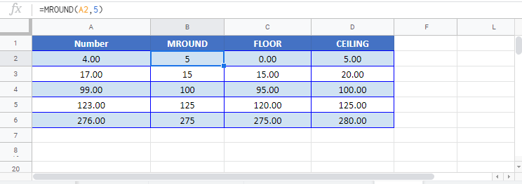 The multiple to use for rounding is provided as the significance argument. Round, Round Up, or Round Down to Nearest 5 or .5 - Excel