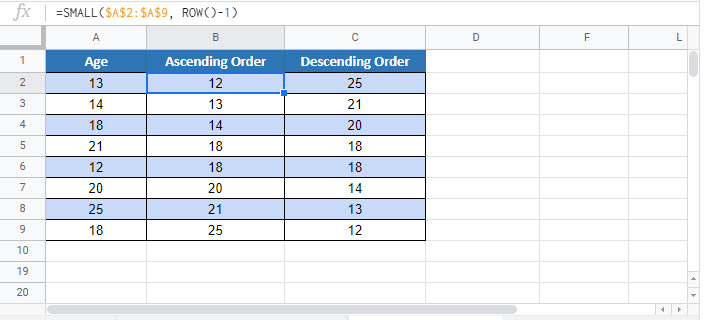 sort with small large functions in excel google sheets