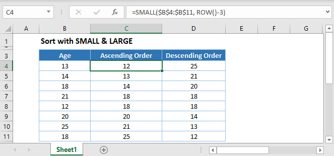 sort with small large functions in excel google sheets