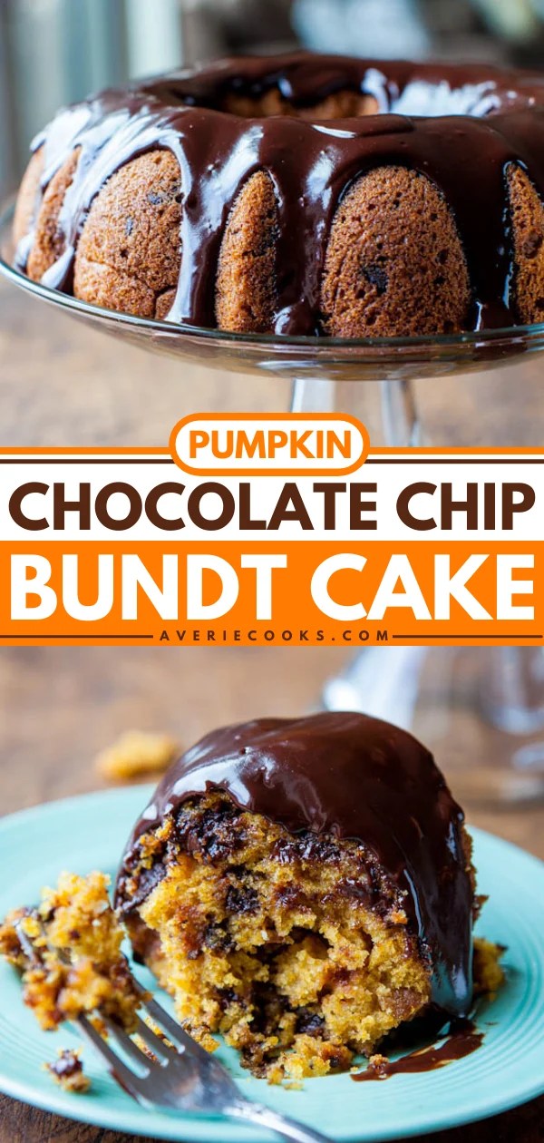 Chocolate cake is made with chocolate. Chocolate Chip Pumpkin Bundt Cake Ganache Frosting Averie Cooks
