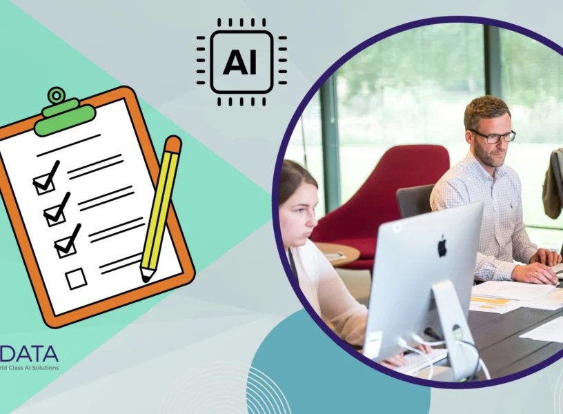 Illustration and office team representing a data annotation service level agreement (SLA) with AI quality standards and performance management.