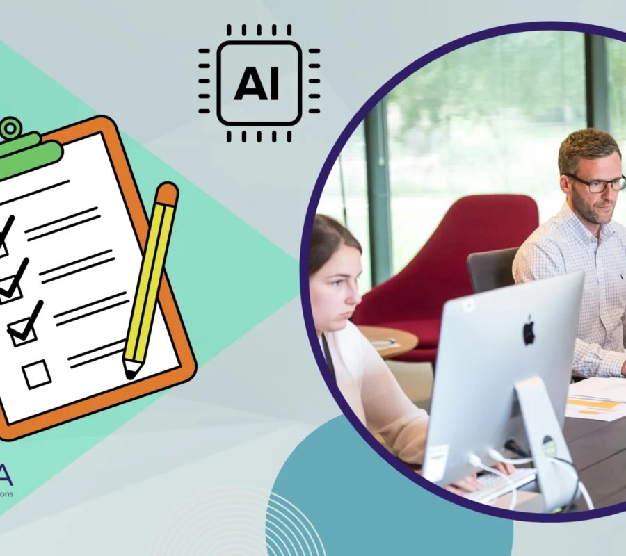 Illustration and office team representing a data annotation service level agreement (SLA) with AI quality standards and performance management.