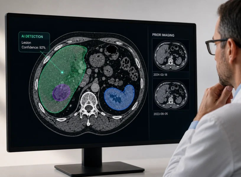 Radiologist reviewing an AI-annotated CT scan with lesion detection and prior imaging comparison.
