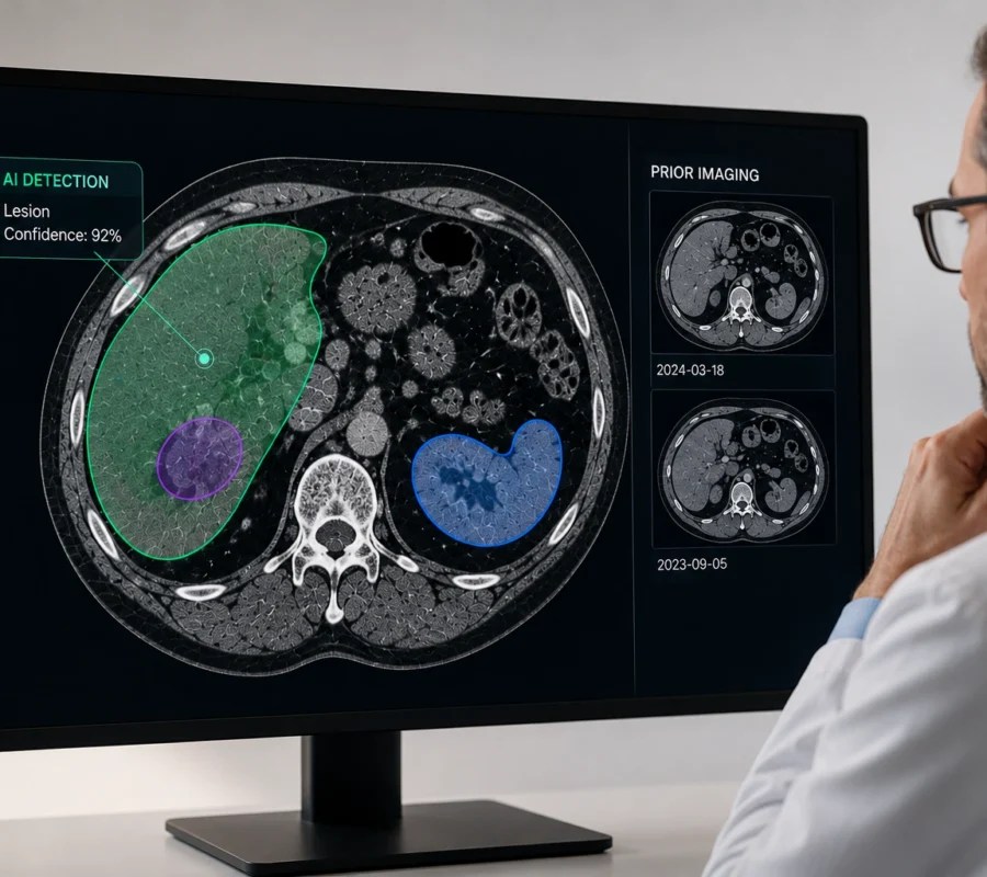 Radiologist reviewing an AI-annotated CT scan with lesion detection and prior imaging comparison.