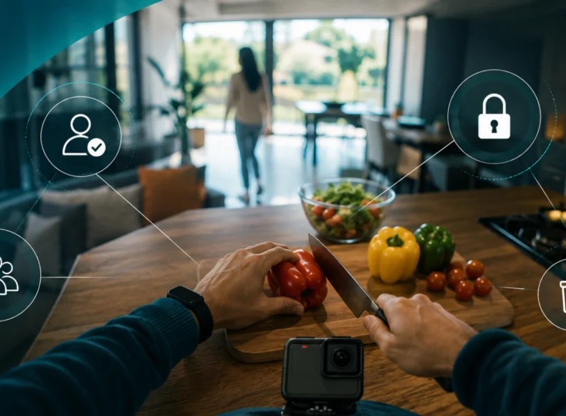 unnamed (57) Person wearing a body camera prepares food at home, with privacy and data security icons illustrating responsible AI data collection and management.