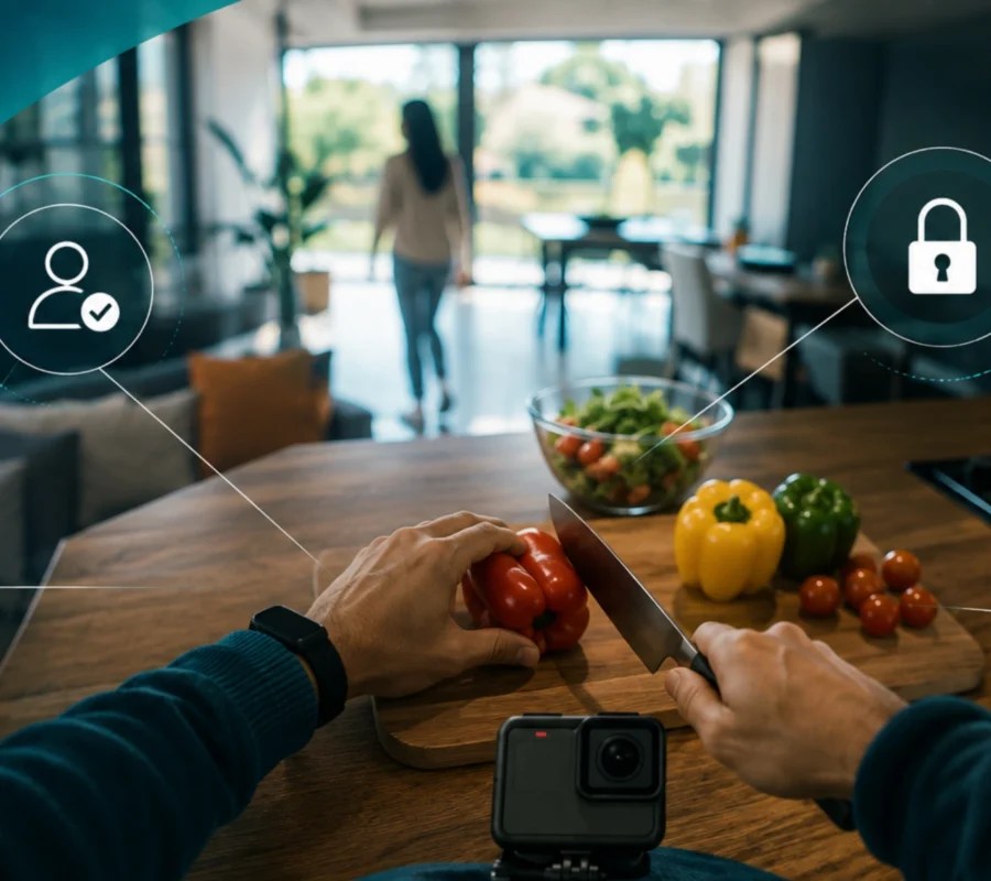 unnamed (57) Person wearing a body camera prepares food at home, with privacy and data security icons illustrating responsible AI data collection and management.