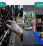 Egocentric view repairing machinery and an overhead exocentric view of a worker operating industrial equipment.
