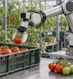 A robotic arm with a wrist camera and soft gripper placing a ripe tomato into a crate in a greenhouse.
