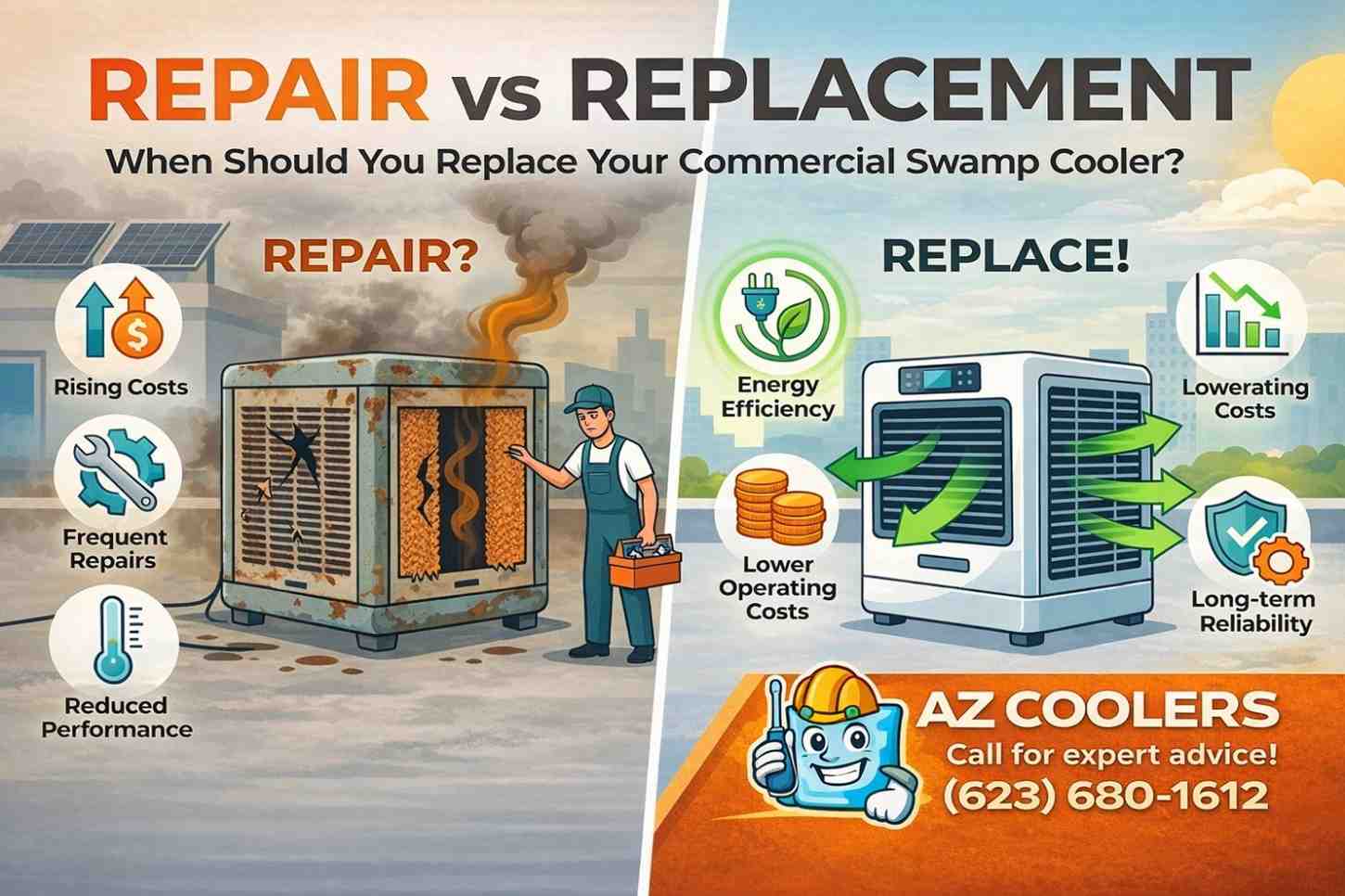 Commercial swamp cooler repair vs replacement infographic