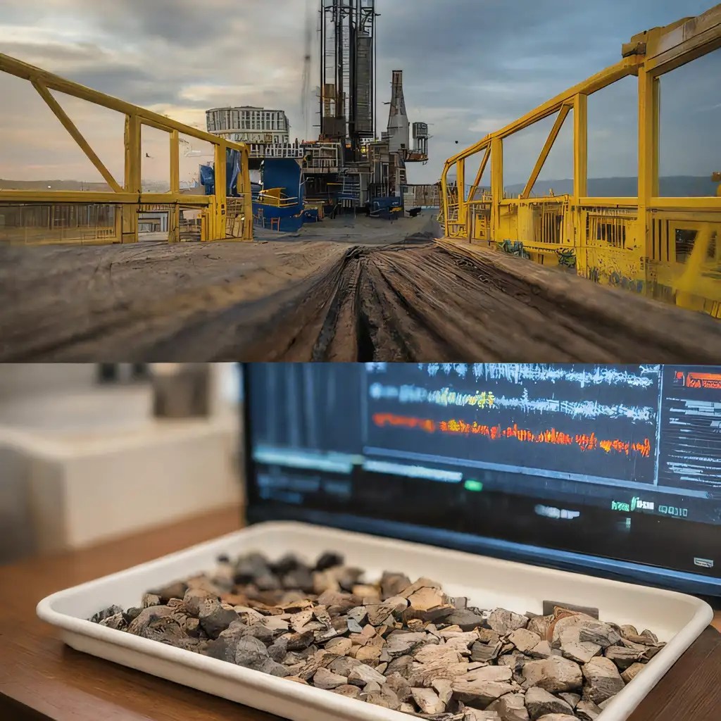 Composite image showing wellsite geology in oil and gas exploration. Top part depicts a drilling rig on-site, emphasizing real-time formation evaluation and reservoir assessment. Bottom part shows rock samples with data analysis on a computer screen, highlighting meticulous data acquisition, quality control, mudlogging supervision, and geosteering for wellbore placement.