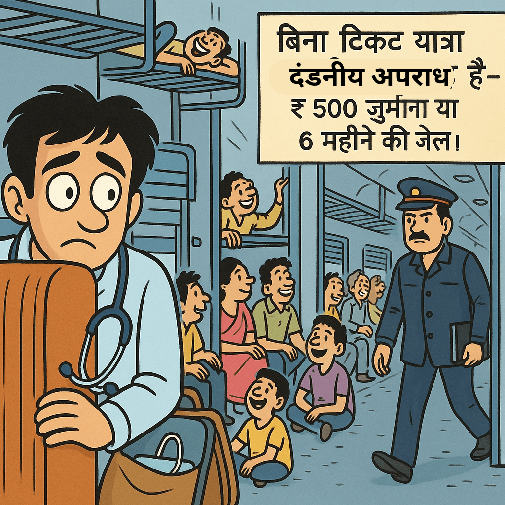 A comic-style train scene showing a medical student hiding nervously during a ticketless train ride, while a ticket checker enters from the opposite end. A notice about fines for ticketless travel is visible in the background.