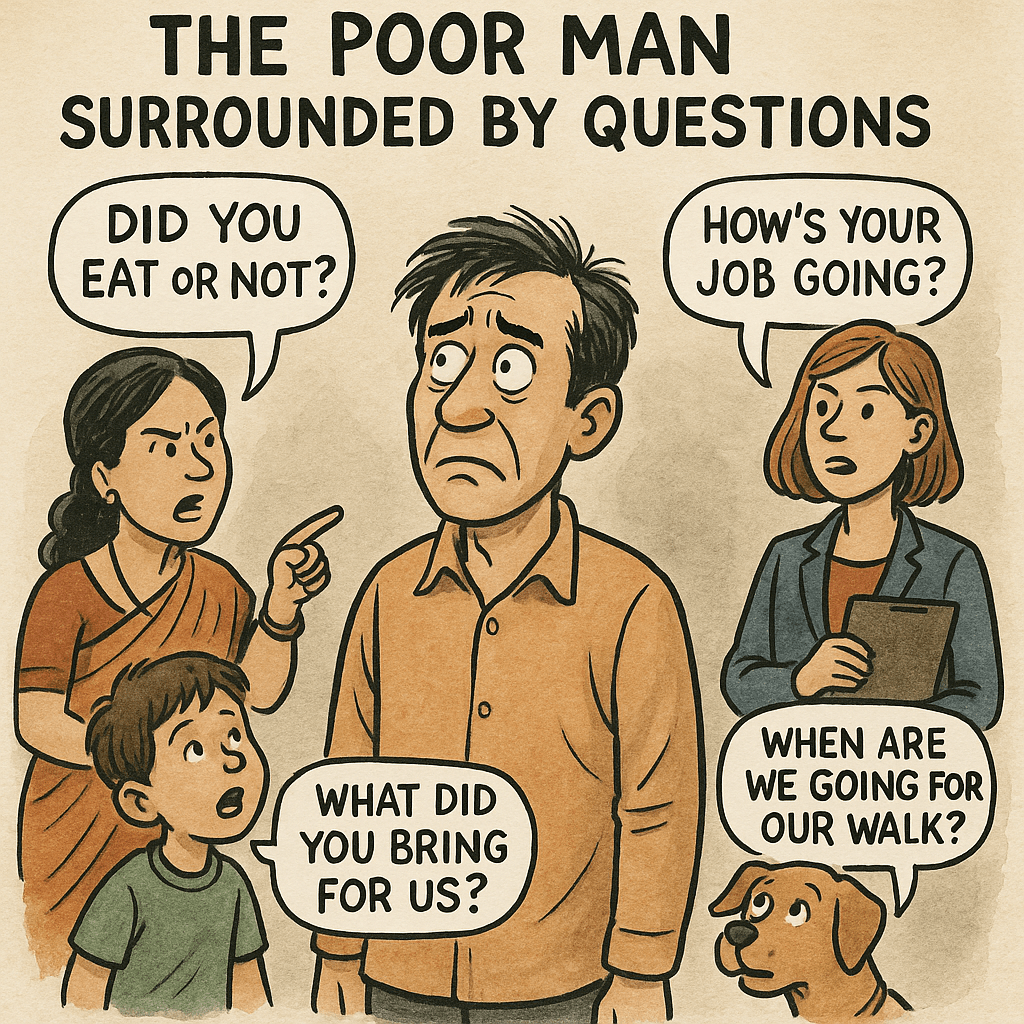 Cartoon of a confused man surrounded by people and a dog, each asking questions like “Did you eat?” and “When are we going for our walk?”