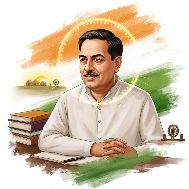 “Portrait of Pandit Deendayal Upadhyaya with glowing aura symbolizing integral humanism, surrounded by books, pen, village huts, spinning wheel, and rising sun in the backdrop.”