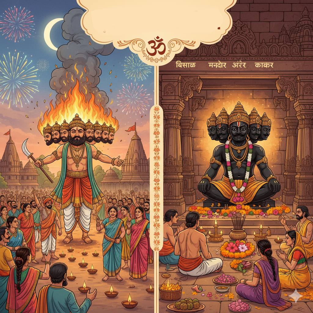 एक रंगीन सांस्कृतिक चित्र जिसमें भारत के विभिन्न हिस्सों — बिसरख, मंडोर, कांगड़ा, कांकेर — के लोग रावण की पूजा करते दिख रहे हैं, पीछे दशहरा के दृश्य में एक स्थान पर रावण दहन हो रहा है और दूसरे स्थान पर रावण की मूर्ति पर फूल चढ़ाए जा रहे हैं। यह भारत की सांस्कृतिक विविधता का प्रतीक दृश्य है।