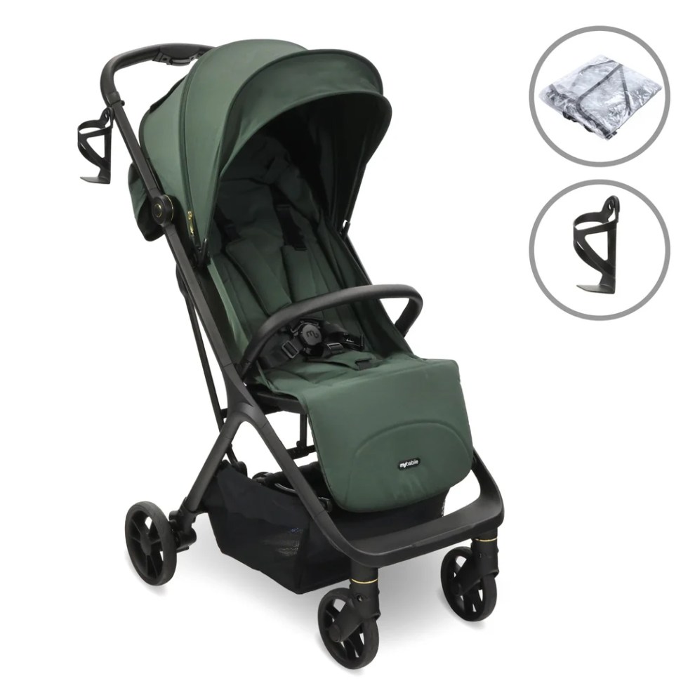 My Babiie MBX7 stroller with raincover and cupholder, with a black frame and forest green fabric.
