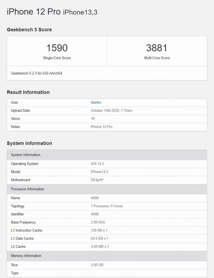 iPhone 12 PRo performanse Geekbench