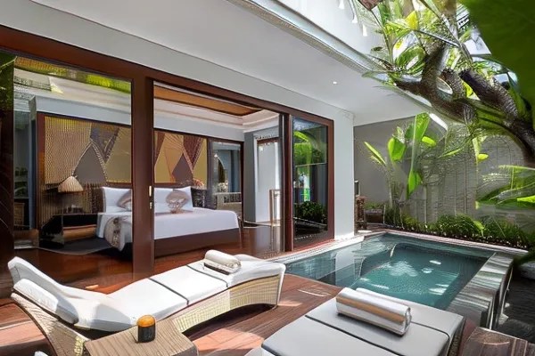 Private pool accommodations in various stunning Bali locations: Seminyak's vibrant beaches, Ubud's serene rice paddies, Bali's scenic mountains, and exquisite beachfront resorts.