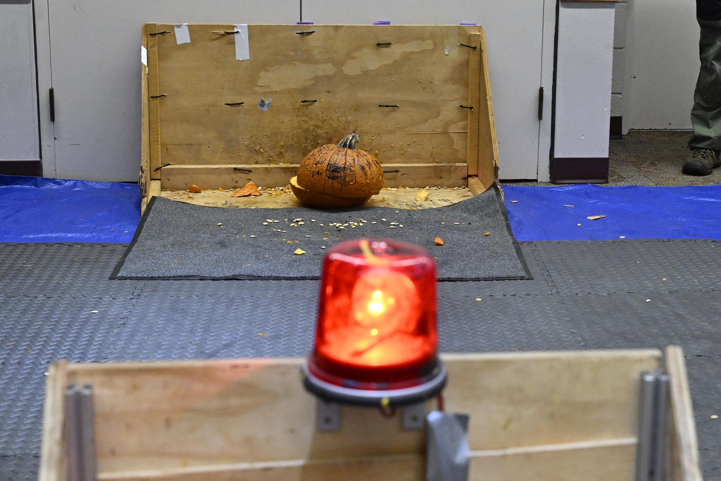 A robot is lined up and ready to race toward it's target during the Robo Lions Pumpkin Smash at the Carroll County Public Library in Eldersburg. (Thomas Walker/Freelance)