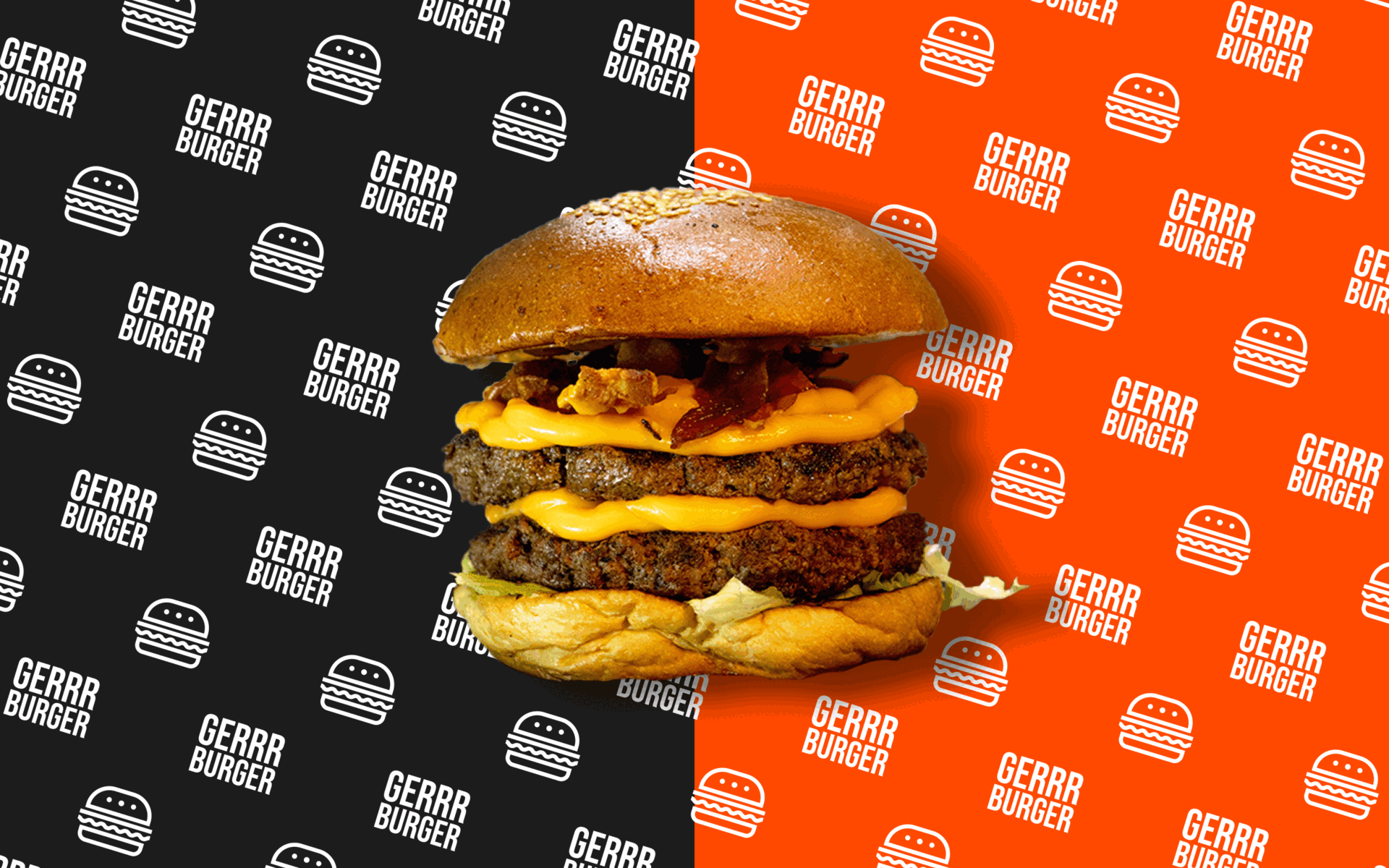 Dynamic brand design by Bamrani Media for GERRR BURGER featuring a double cheeseburger against a split black and orange branded background