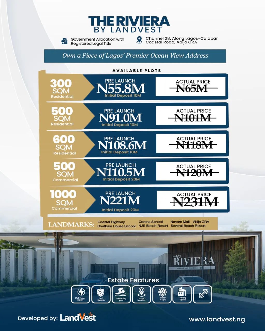 The Riviera estate land for sale along the Lagos Calabar Coastal Road. Secure Governor's Consent plots in Abijo GRA. 12-month payment options.