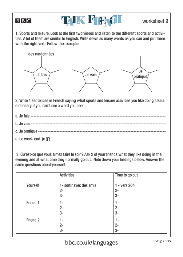 bbc languages talk french leisure worksheet