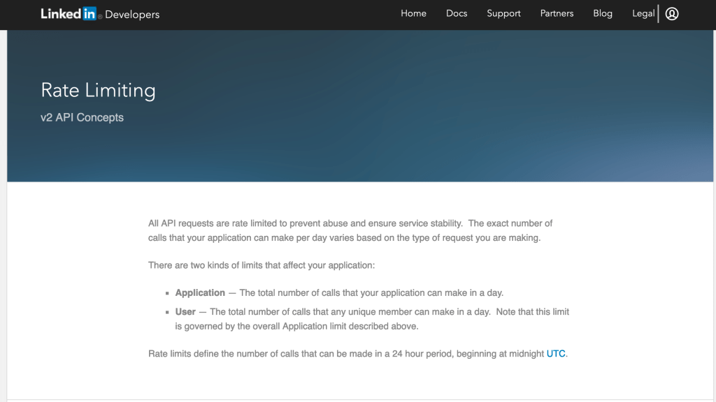 Linkedin Rate Limiting / Throttling section from the developer console.