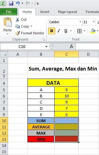 Contoh soal dan jawaban yang sudah disediakan dalam fungsi dasar ini: . Rumus Sum, Average, Max dan Min pada Excel 2010