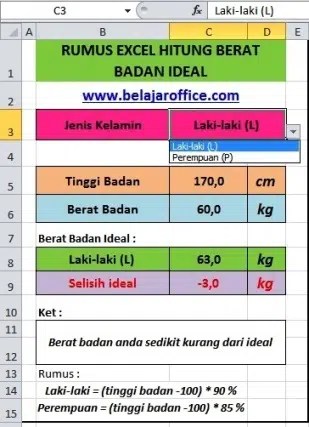 Rumus Excel Hitung Berat Badan Ideal