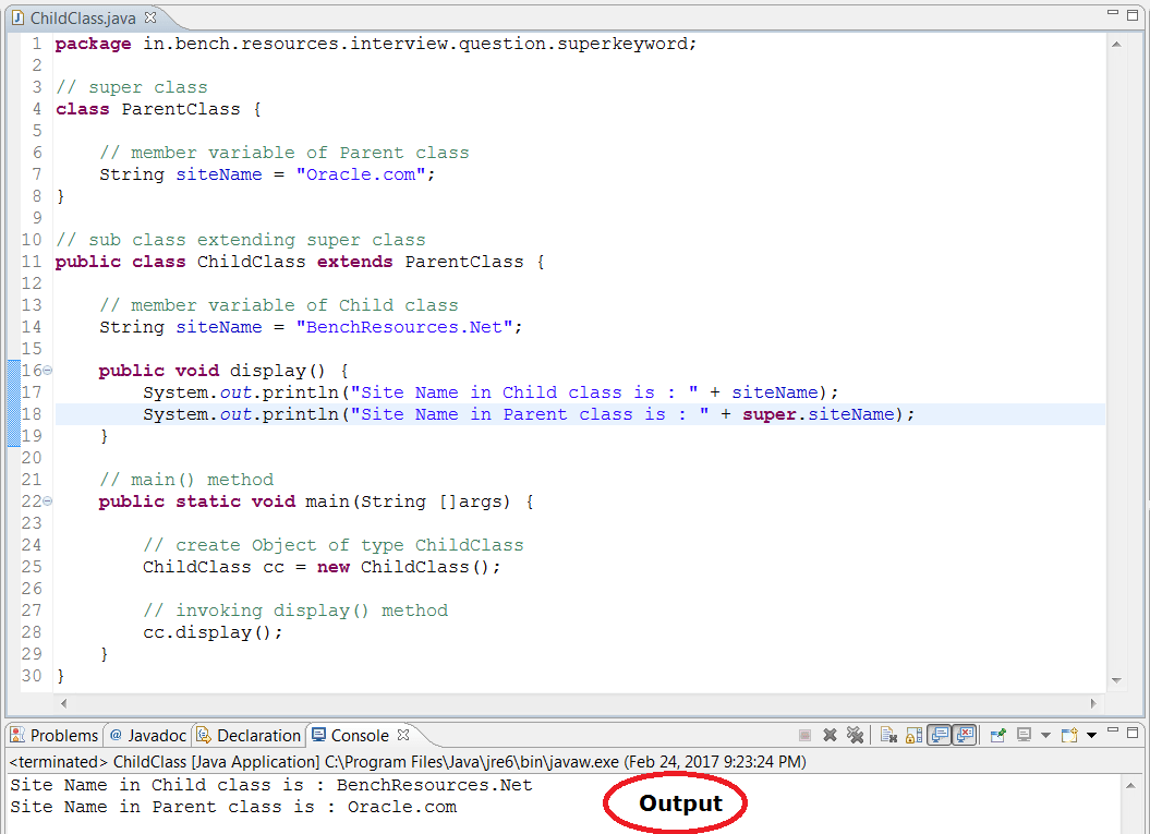 Java - Interview question and answer on super keyword - BenchResources.Net