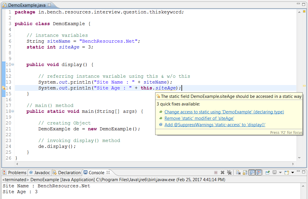 Java - Interview question and answers on this keyword - BenchResources.Net