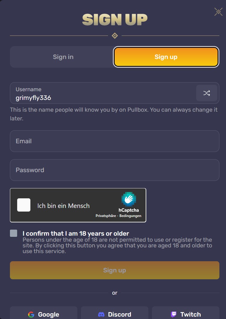 sign up window