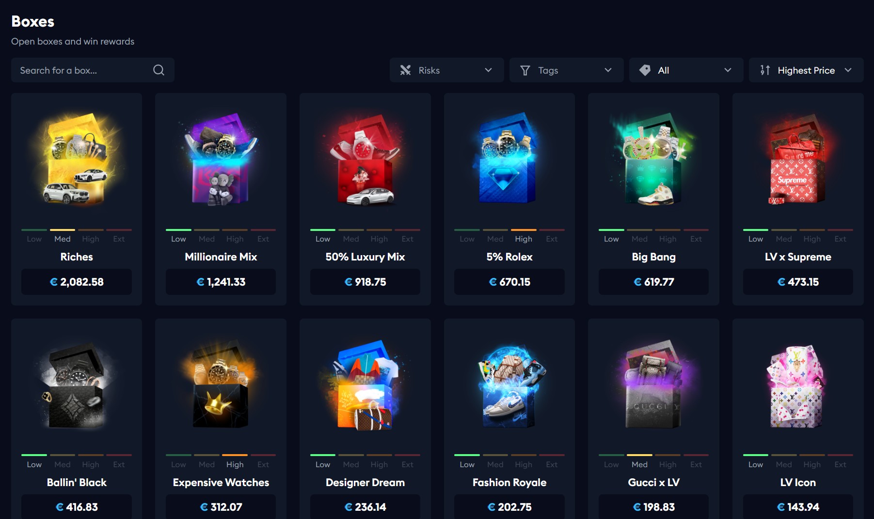 EarnLab Boxes page sorted by highest price: Riches at €2,082.58 down to LV Icon at €143.94, risk level under each box