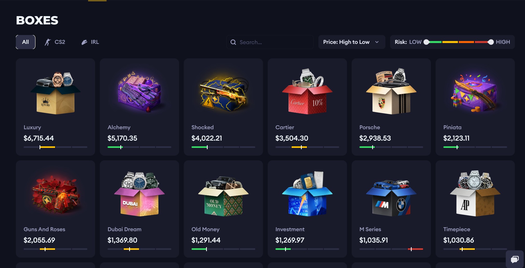 Lootbox.com Boxes page sorted by price: Luxury at $6,715.44 down to Timepiece at $1,030.86, risk bars under each box