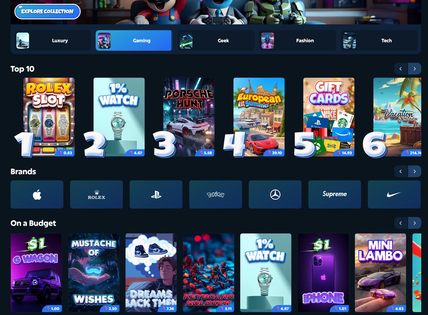 MrLoot boxes page: Luxury, Gaming, Geek, Fashion and Tech categories, Top 10 led by Rolex Slot at $0.63