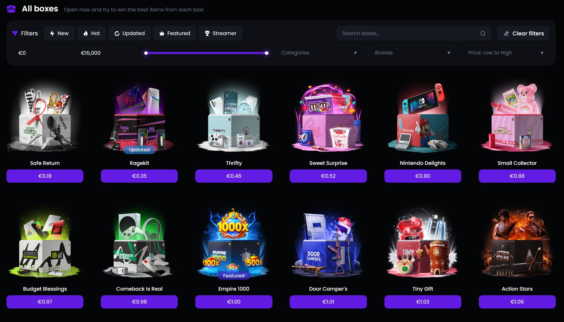 EmpireDrop All boxes page sorted by price: Safe Return at €0.18 up to Action Stars at €1.06
