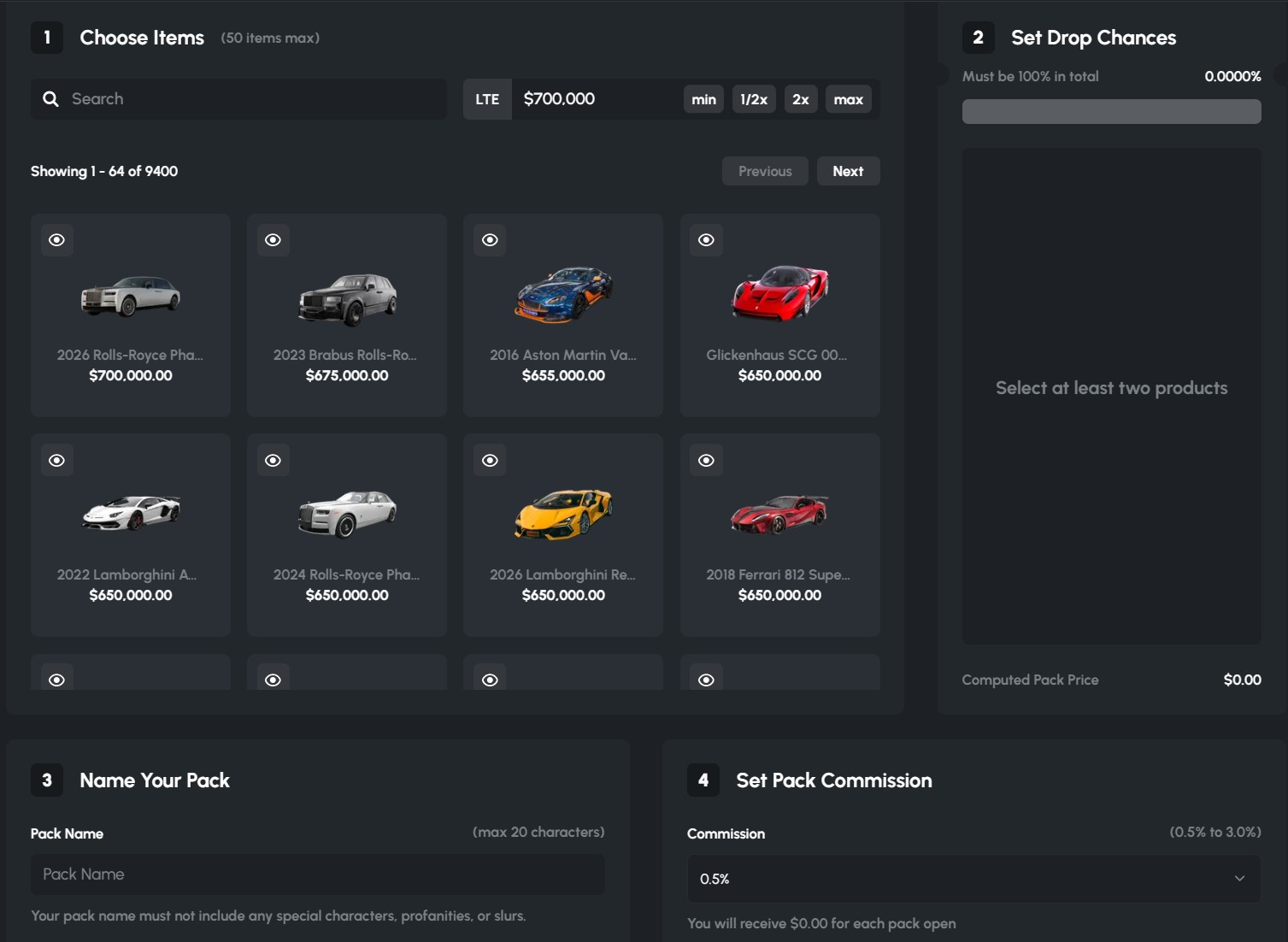 PackDraw Create Pack builder: choose up to 50 items from 9,400, set drop chances, name the pack, 0.5% commission