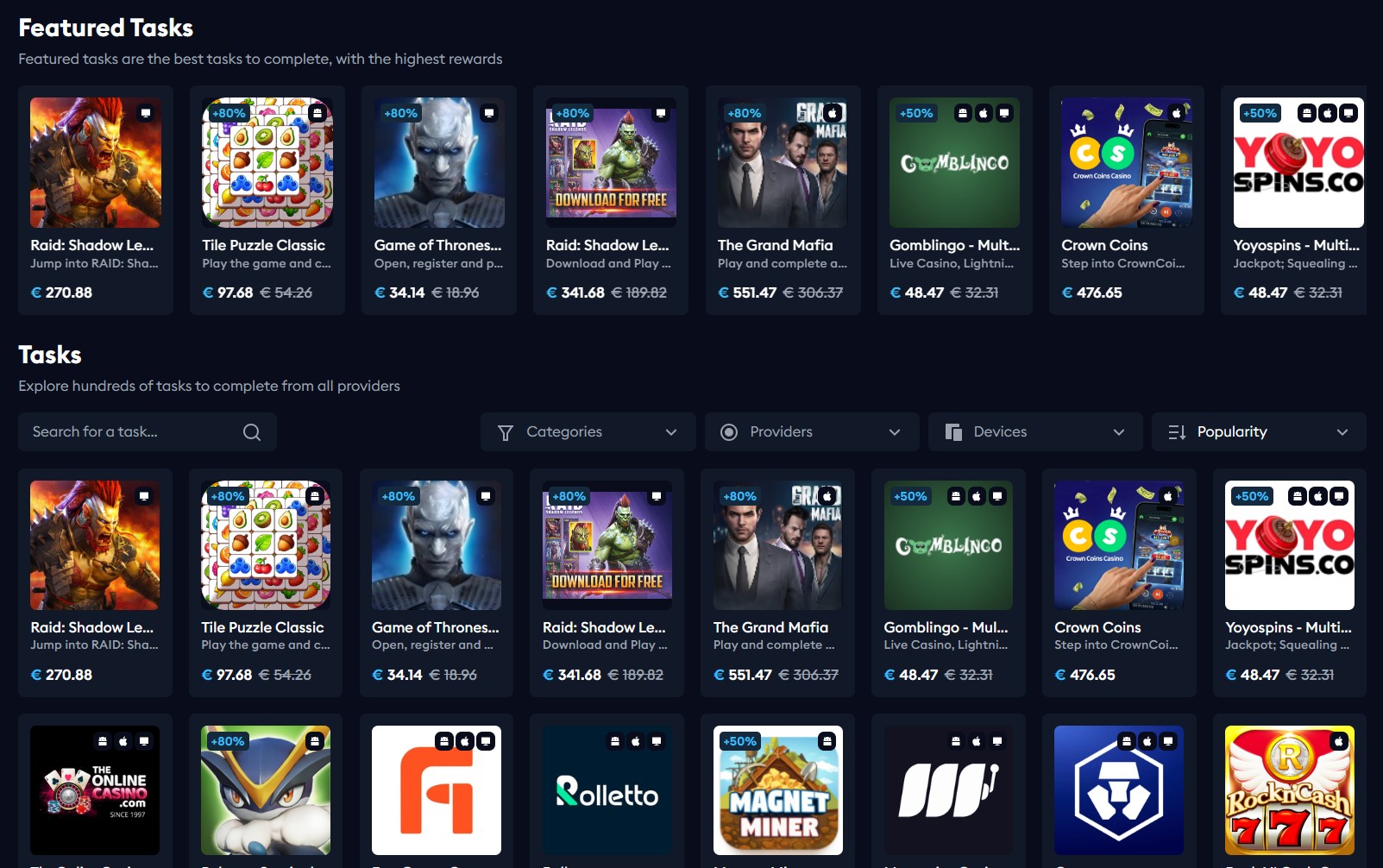 EarnLab Featured Tasks page: app and casino offers like Raid Shadow Legends paying €270.88 and The Grand Mafia €551.47