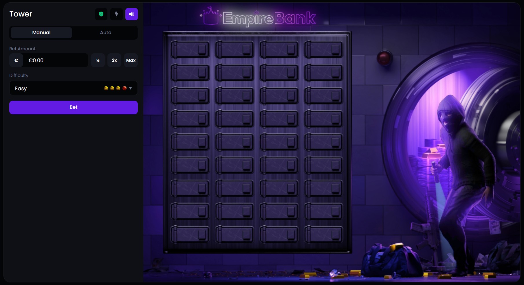 EmpireDrop Tower game on Easy: a nine-floor wall of four safes each in the EmpireBank vault, bet amount €0.00
